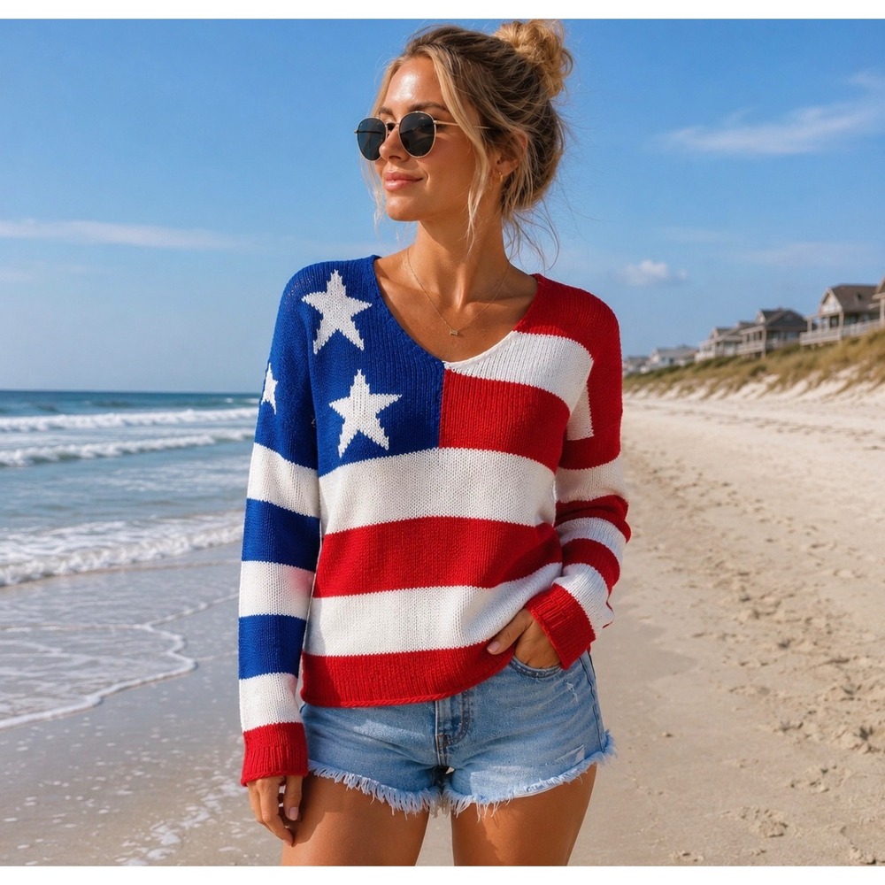 Open Knit American Flag Sweater Coastal Grandpa Core Lightweight Patriotic Knit